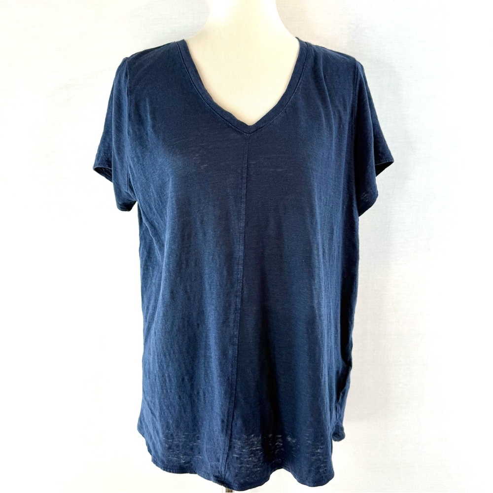 Tahari Navy Blue 100% Linen Short Sleeve V-Neck Top